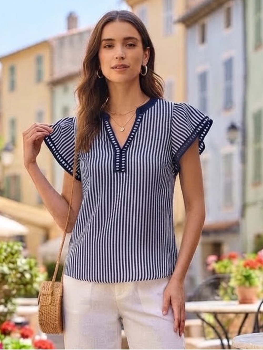SHEIN Navy & White Vertical Stripe Flutter Sleeve Blouse